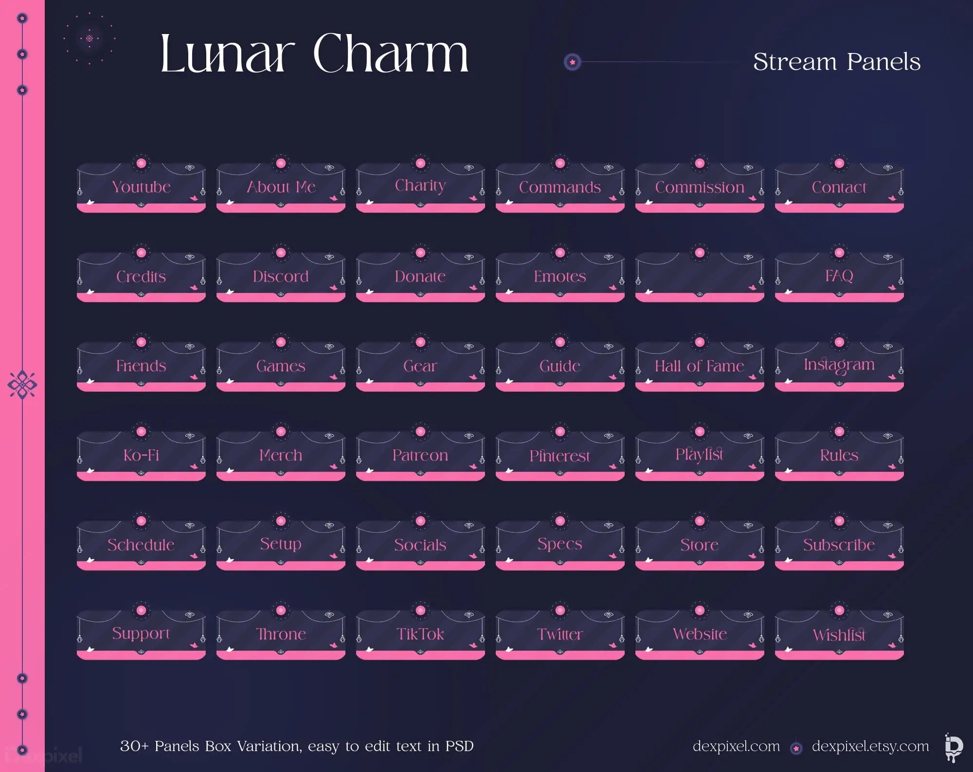 Stream panels with a lunar/celestial theme featuring pink accents and star decorations.