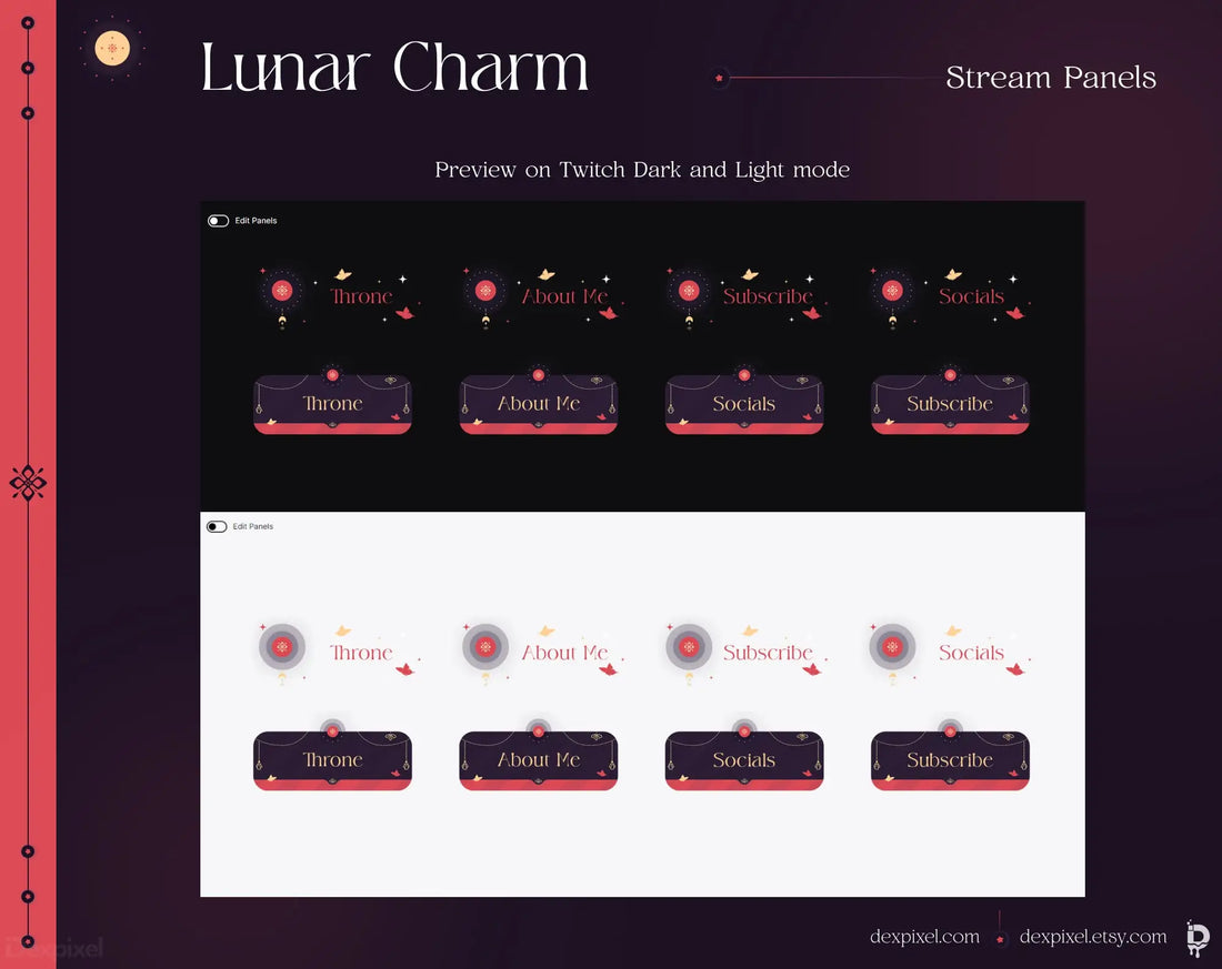 Set of mystical lunar-themed Twitch stream panels featuring decorative borders and celestial elements.