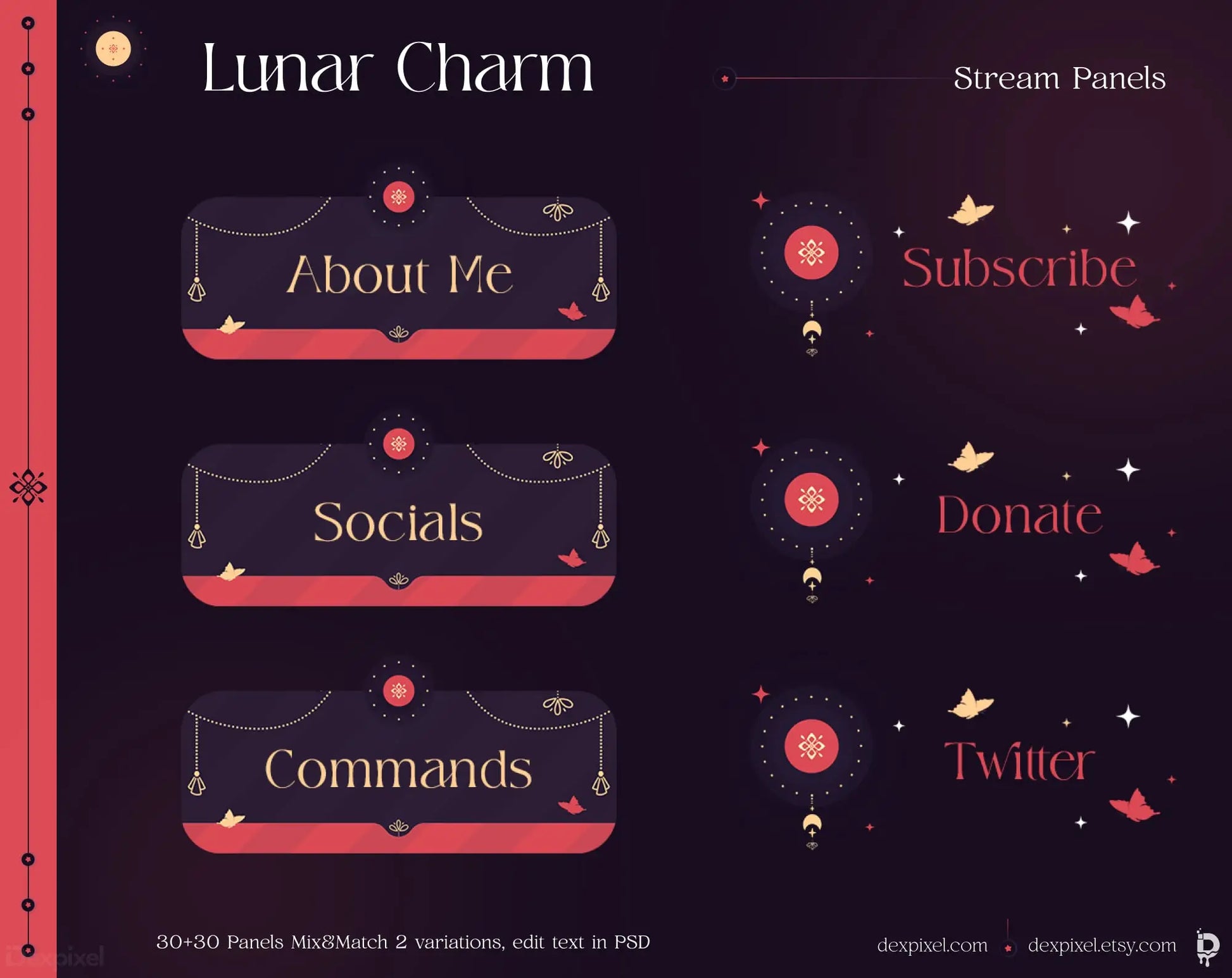 Stream panels with a lunar/celestial theme featuring navigation buttons in dark purple and coral pink colors.