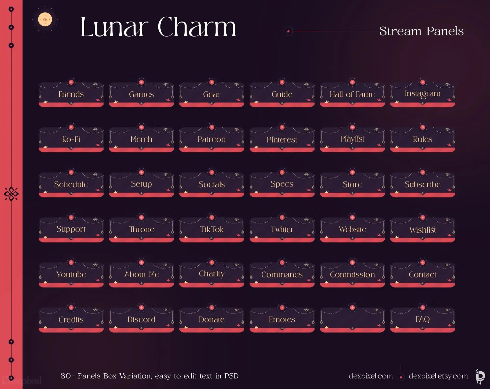 Stream panel overlay layout with a dark red and black lunar theme featuring multiple rectangular buttons.