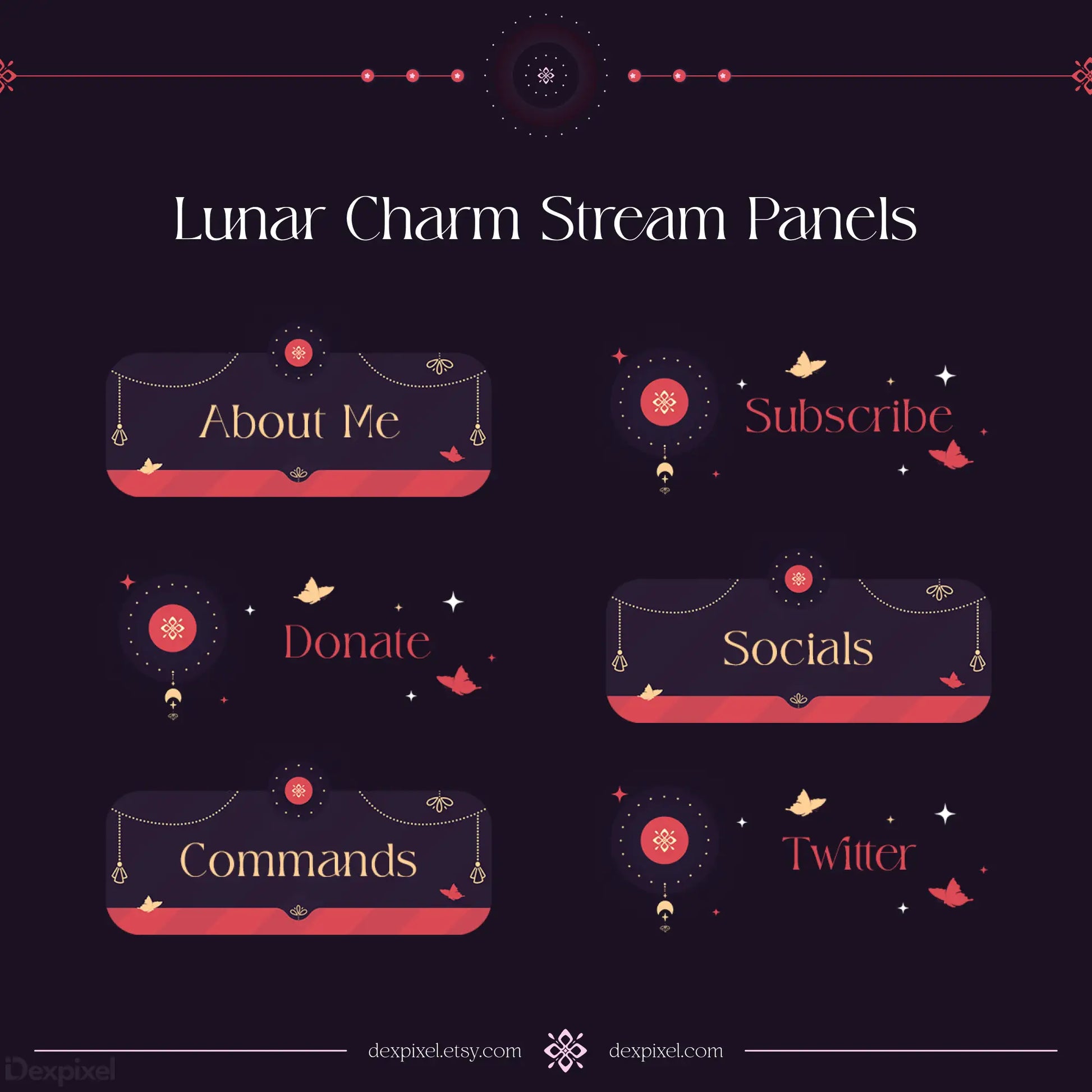 Set of mystical lunar-themed Twitch stream panels featuring decorative borders and celestial elements.