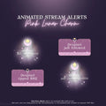 Pink and purple Twitch stream alert notifications with lunar/moon theme and sparkle effects.