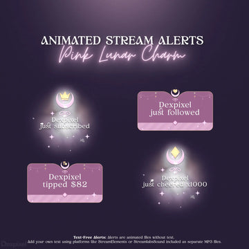 Pink and purple Twitch stream alert notifications with lunar/moon theme and sparkle effects.