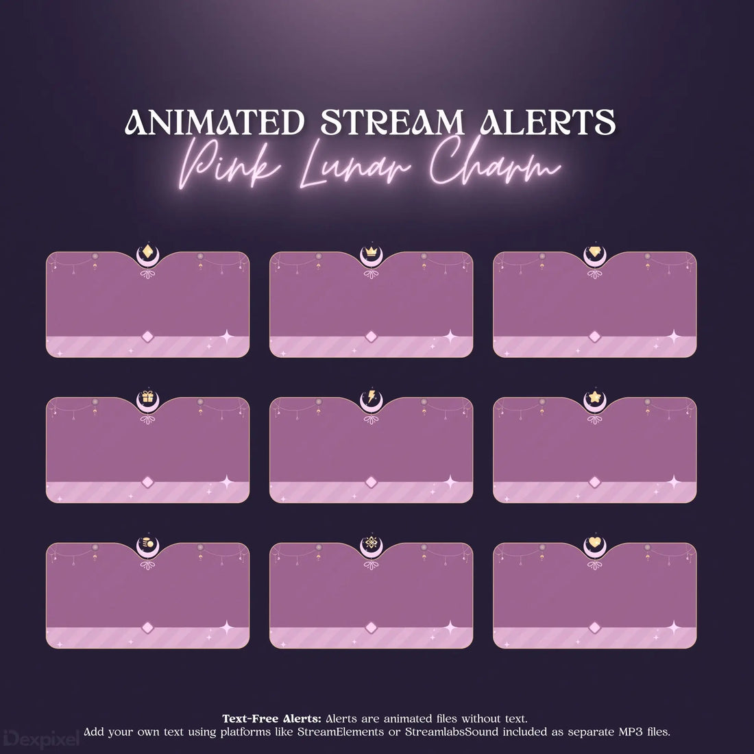 Pink and purple Twitch stream alert notifications with lunar/moon theme and sparkle effects.