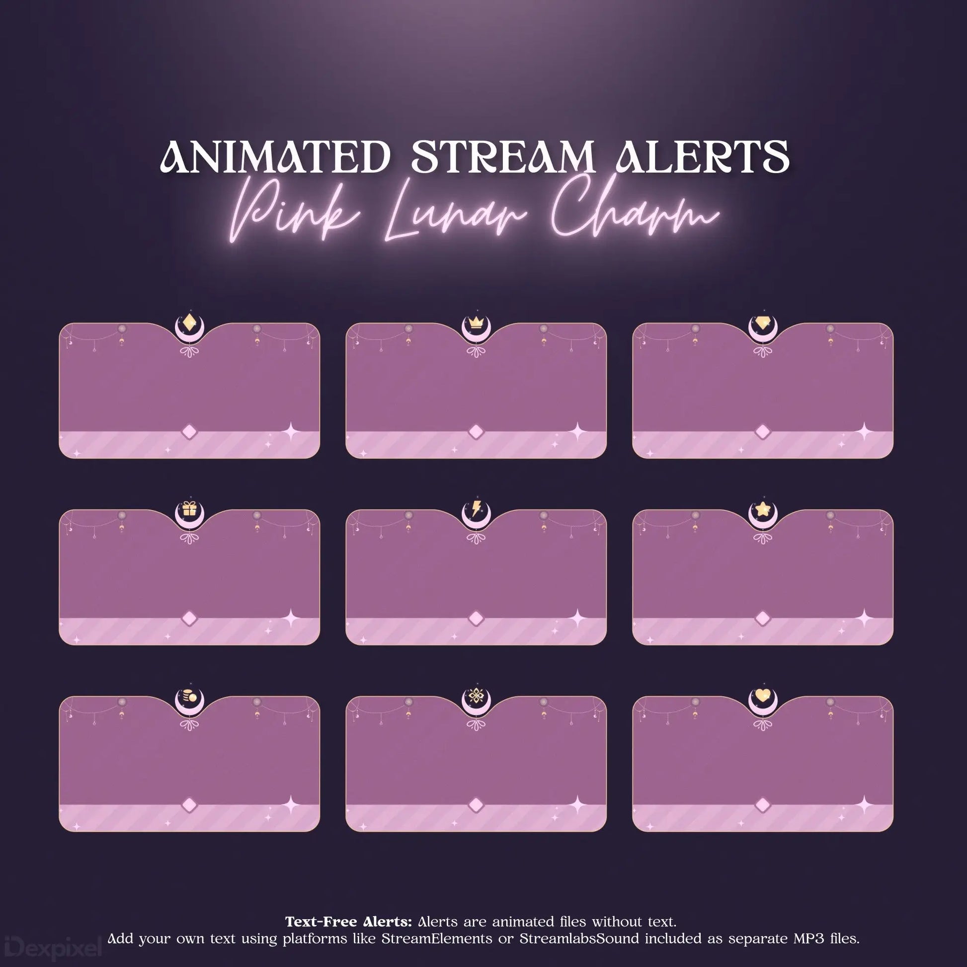 Set of 9 pink animated stream alert frames with a lunar charm theme.