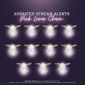 Glowing pink and white animated stream alert icons with decorative swirls arranged in rows.