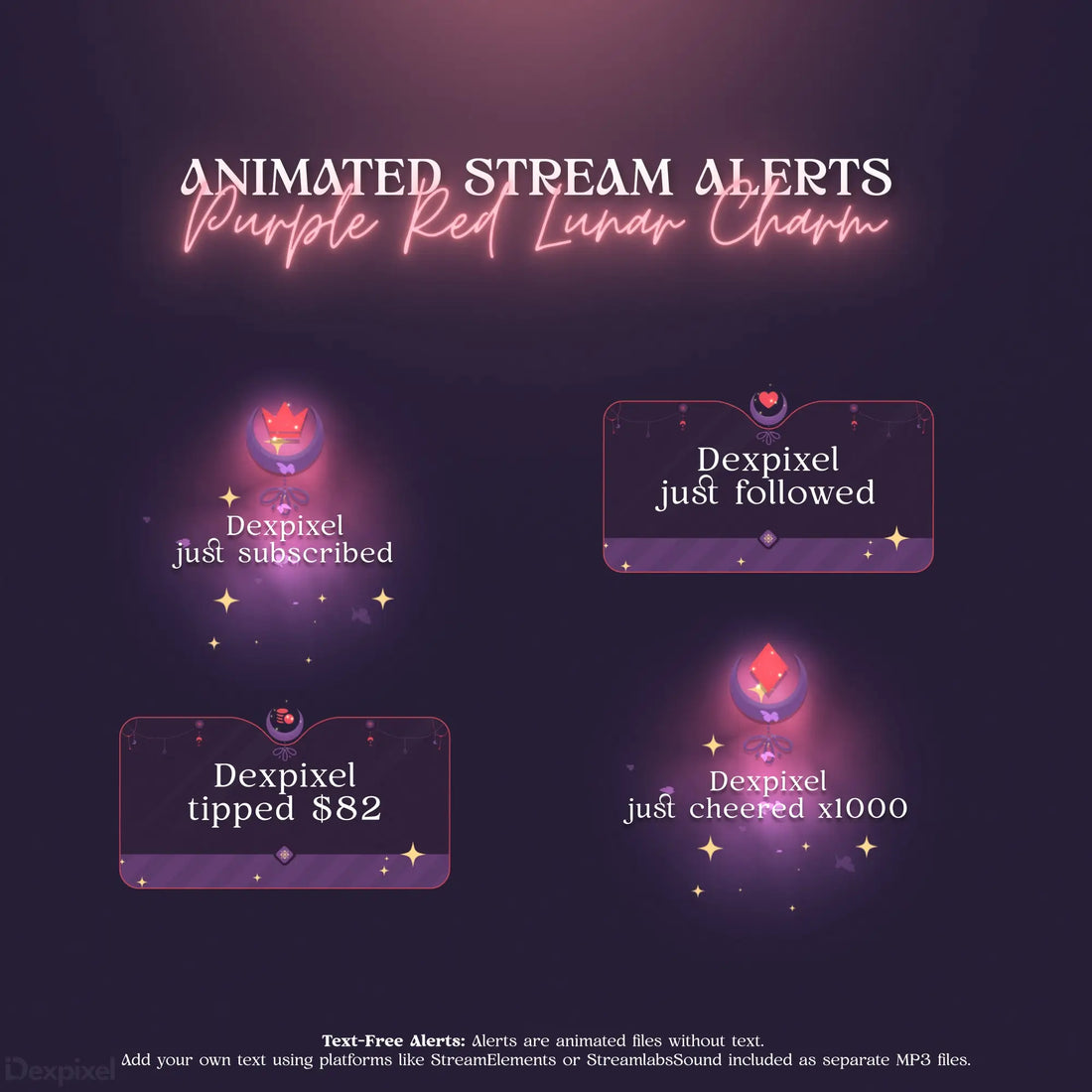 Purple and red neon-styled Twitch stream alert notifications with sparkle effects.