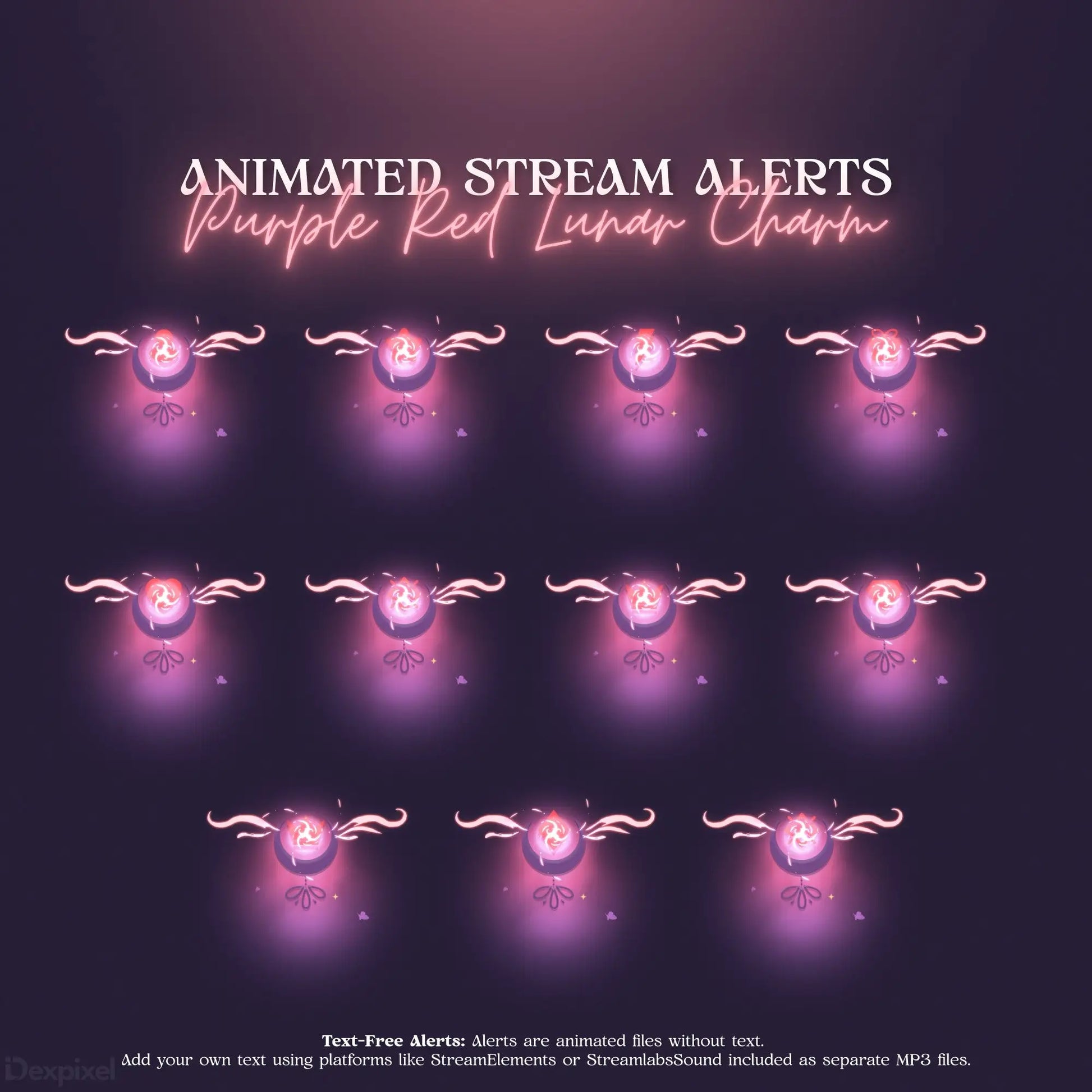 Glowing purple and pink animated stream alert icons arranged in rows with decorative swirls.