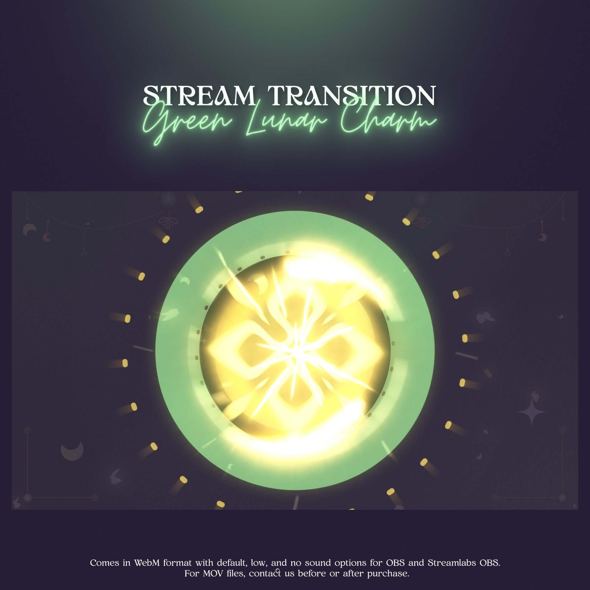 Pastel Green Lunar Charm Stream Transition featuring celestial visuals for Twitch and YouTube, perfect for creators.