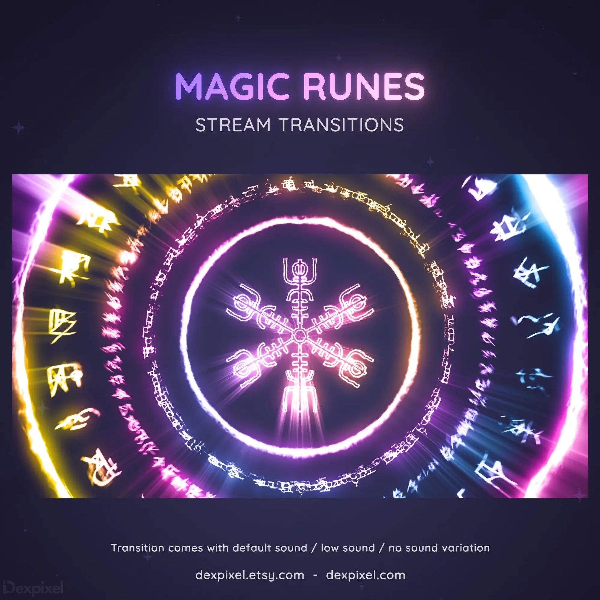 Glowing magical rune circle with mystical symbols and a central snowflake-like pattern in neon purple and rainbow colors.