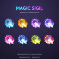 Colorful glowing magical sigils or energy bursts arranged in two rows of four.