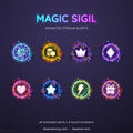 Set of eight glowing magical sigil icons with different symbols and color variations.