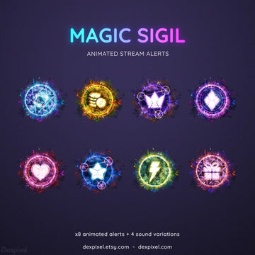 Set of eight glowing magical sigils with different symbols and color variations for streaming alerts.