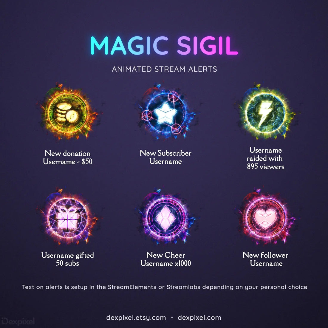 Set of eight glowing magical sigils with different symbols and color variations for streaming alerts.