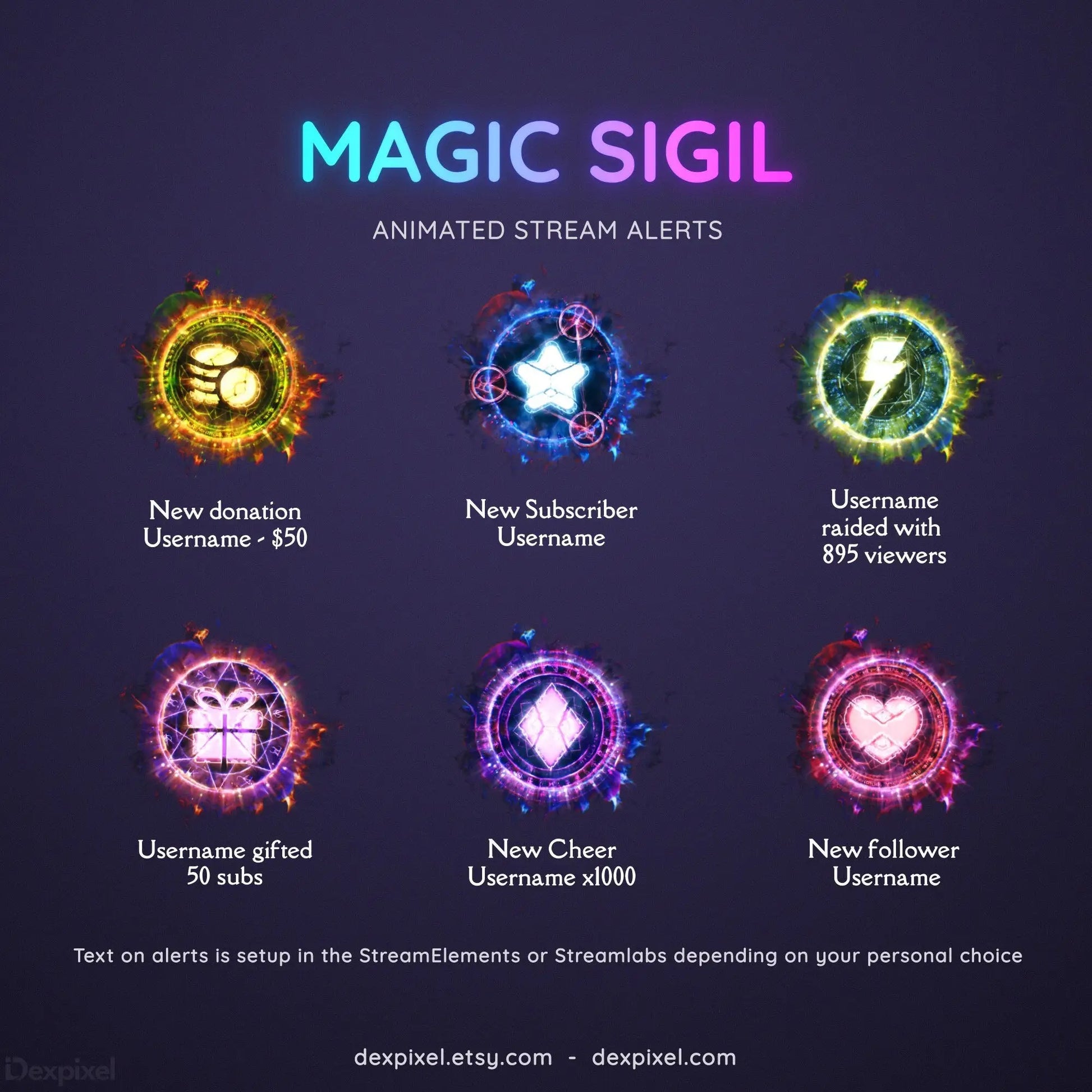 Set of glowing magical circular stream alert icons with different colors and functions.