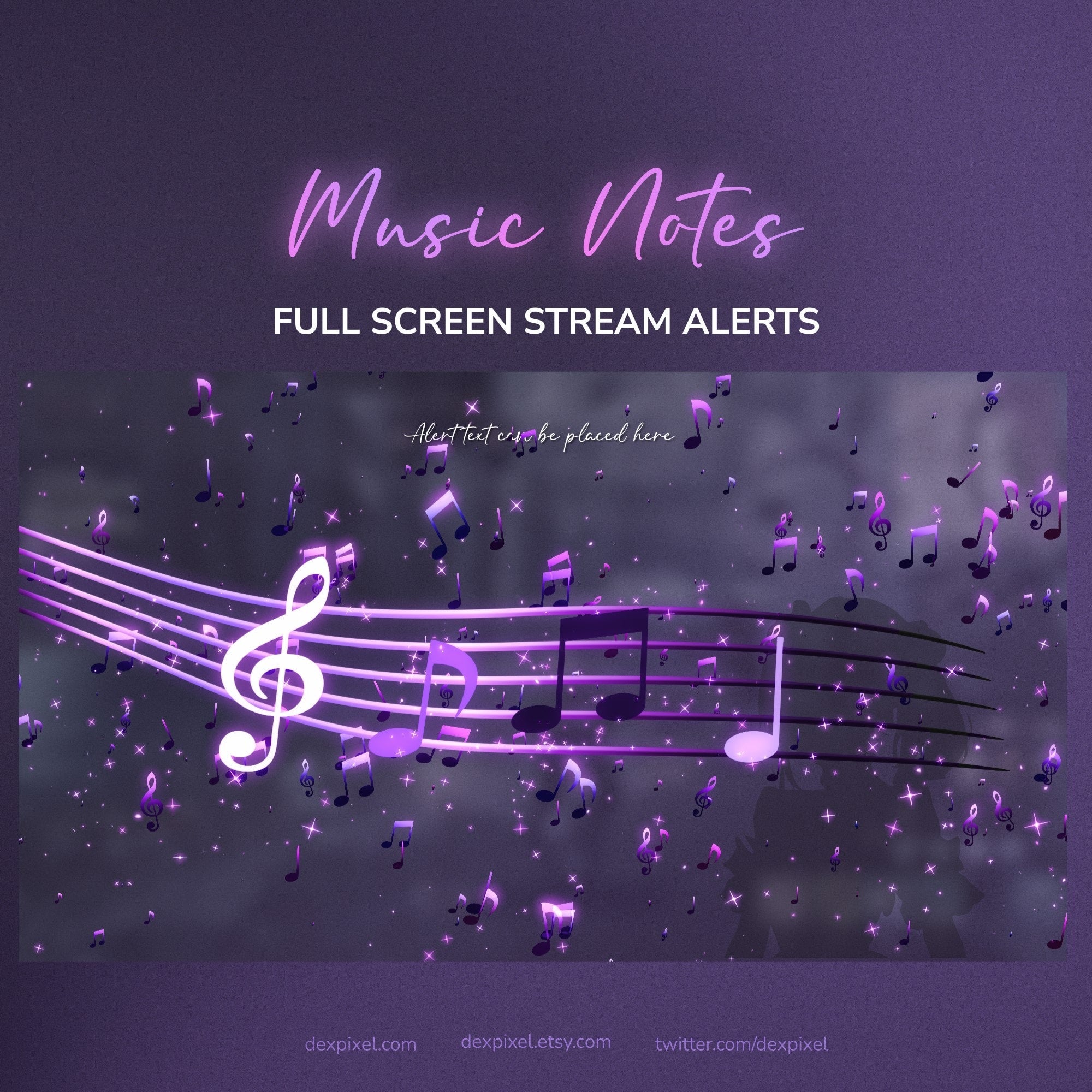 Purple glowing musical notes float across a dark, starry background in this digital graphic.
