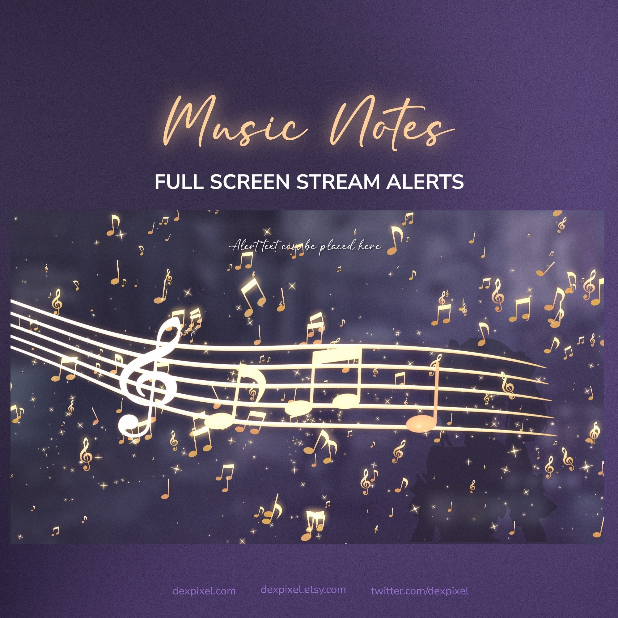 Golden musical notes and a treble clef float across white staff lines against a dark purple, starry background.