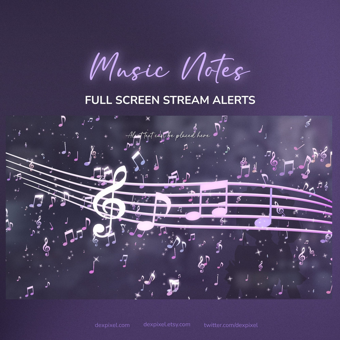 Purple and pink musical notes float across a dark background, with glowing white staff lines featuring a prominent treble clef.