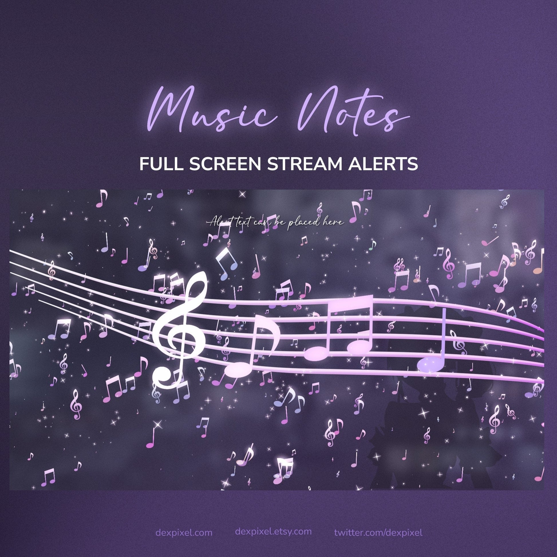 Purple and pink musical notes float across a dark background, with glowing white staff lines featuring a prominent treble clef.