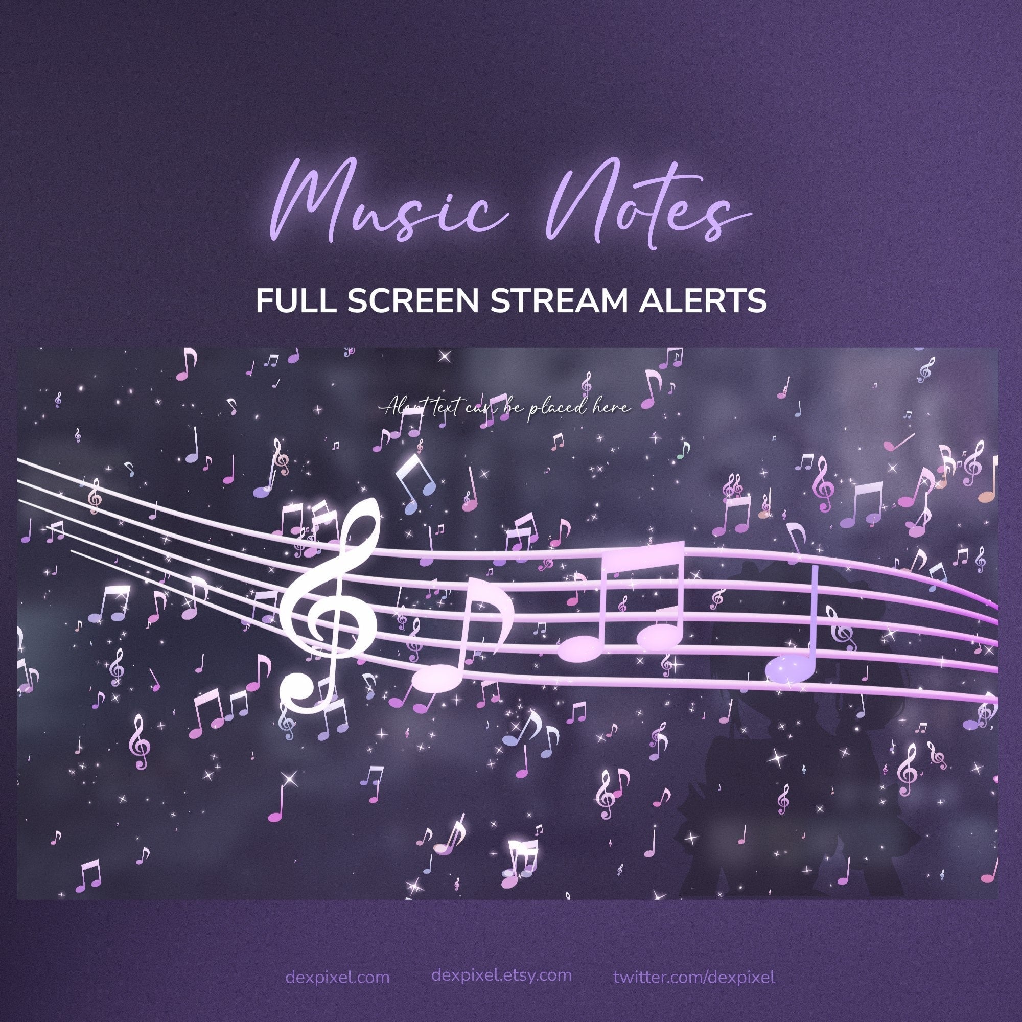 Purple and pink musical notes float across a dark background, with glowing white staff lines featuring a prominent treble clef.