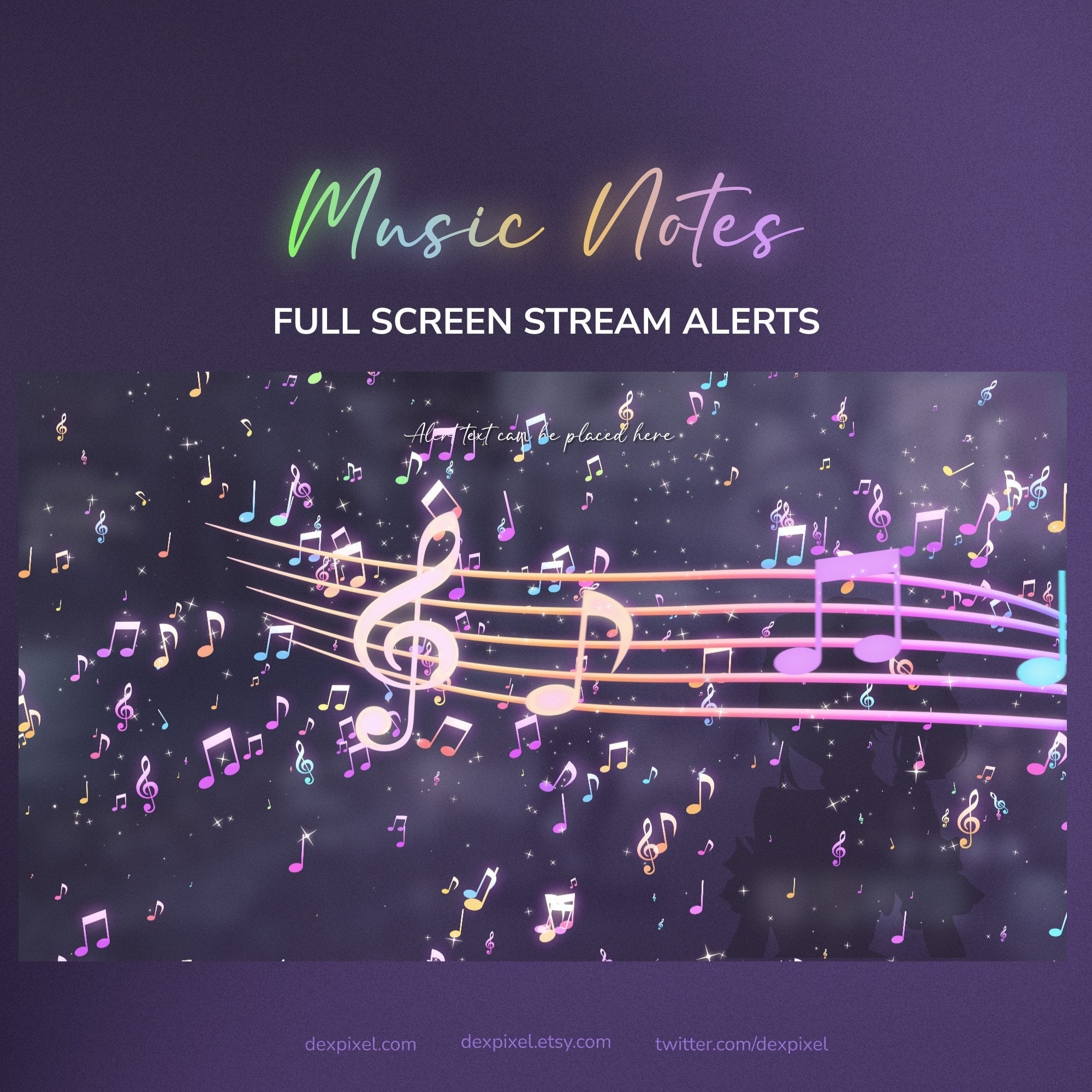 A vibrant, glowing musical staff with colorful notes and a treble clef design set against a dark purple background.