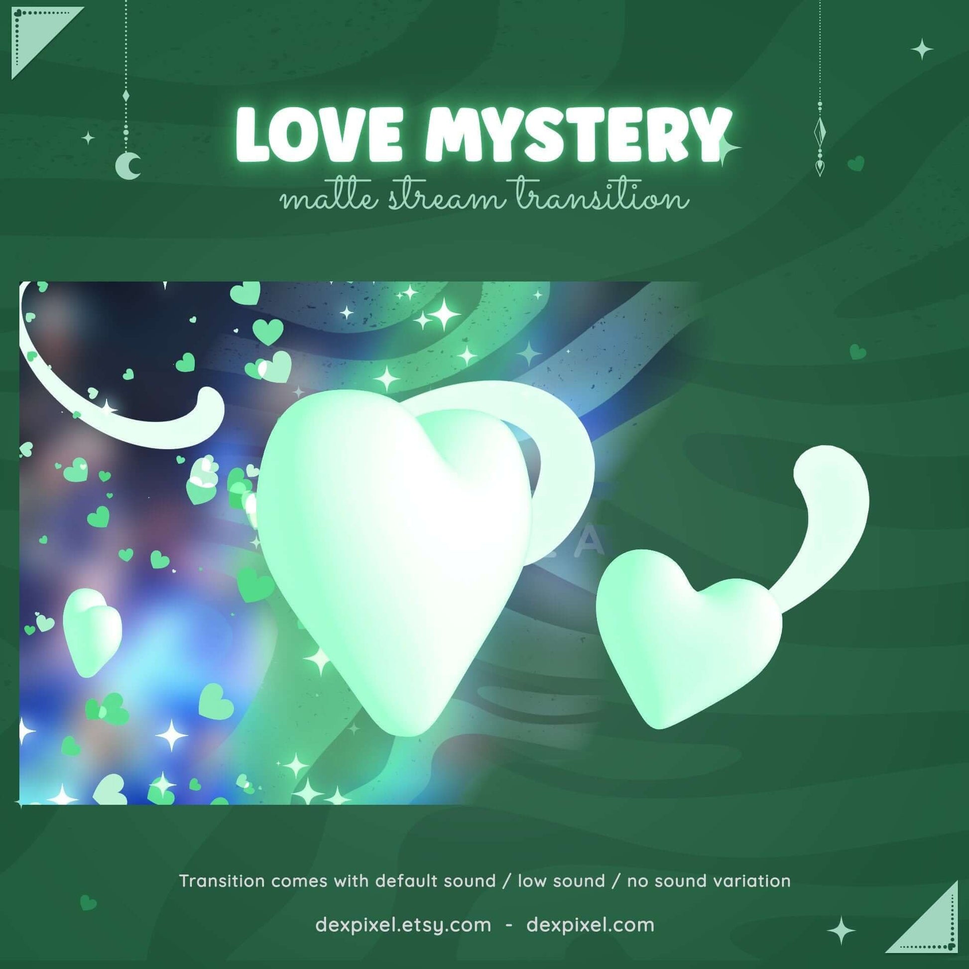 Animated pastel hearts on a green backdrop for a charming matte stream transition, perfect for creators.