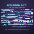 Neon digital glitch effect with horizontal streaks in blue, pink and green colors.