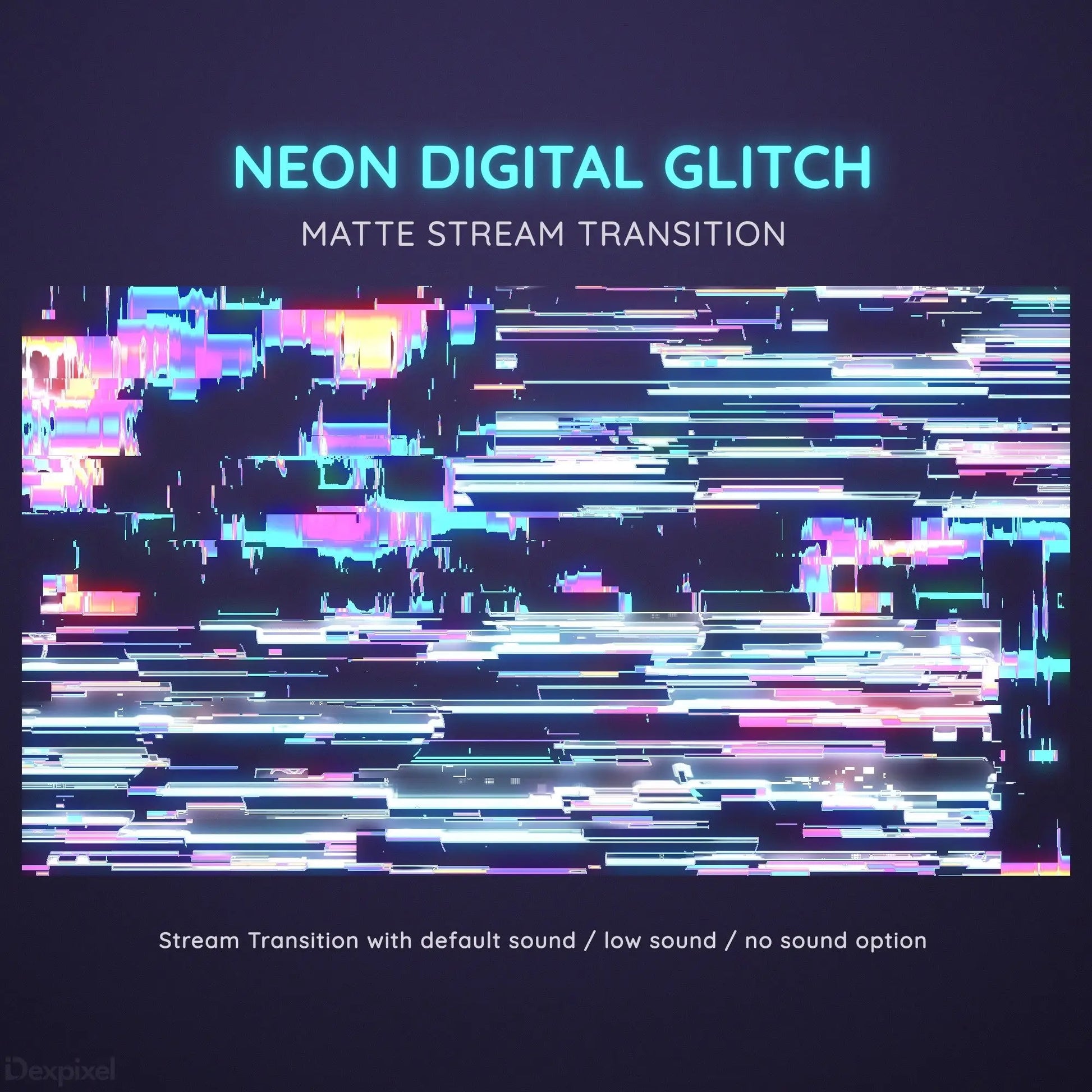 Glitch-style digital art transition effect with neon blue and pink distorted horizontal lines.