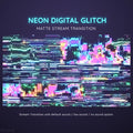 Glitched neon digital artwork with distorted horizontal lines and pink-blue color effects.