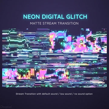 Glitched neon digital artwork with distorted horizontal lines and pink-blue color effects.