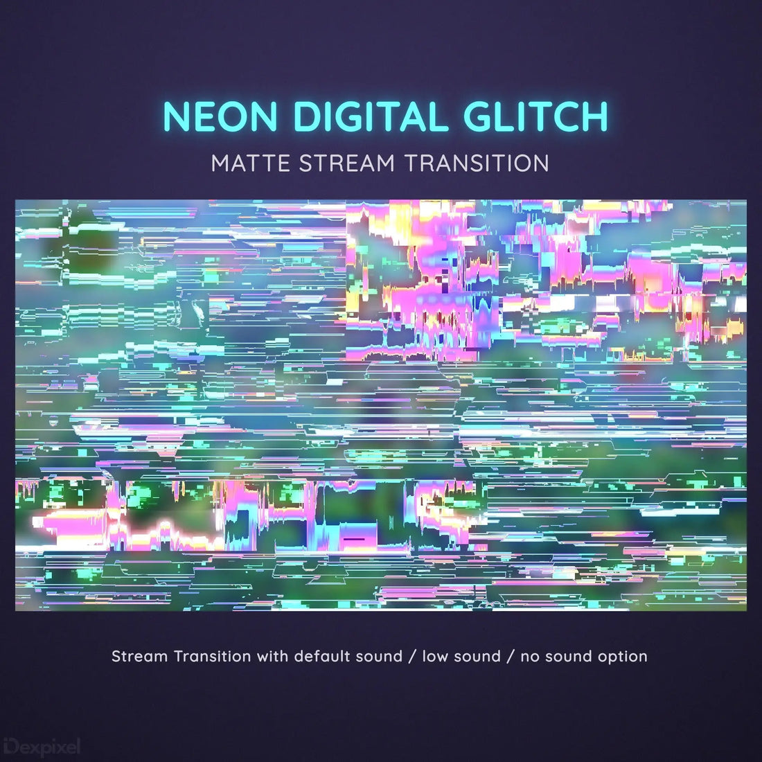 Glitched neon digital artwork with distorted horizontal lines and pink-blue color effects.