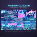 Glitchy neon digital transition effect with horizontal distortion lines in blue and pink colors.