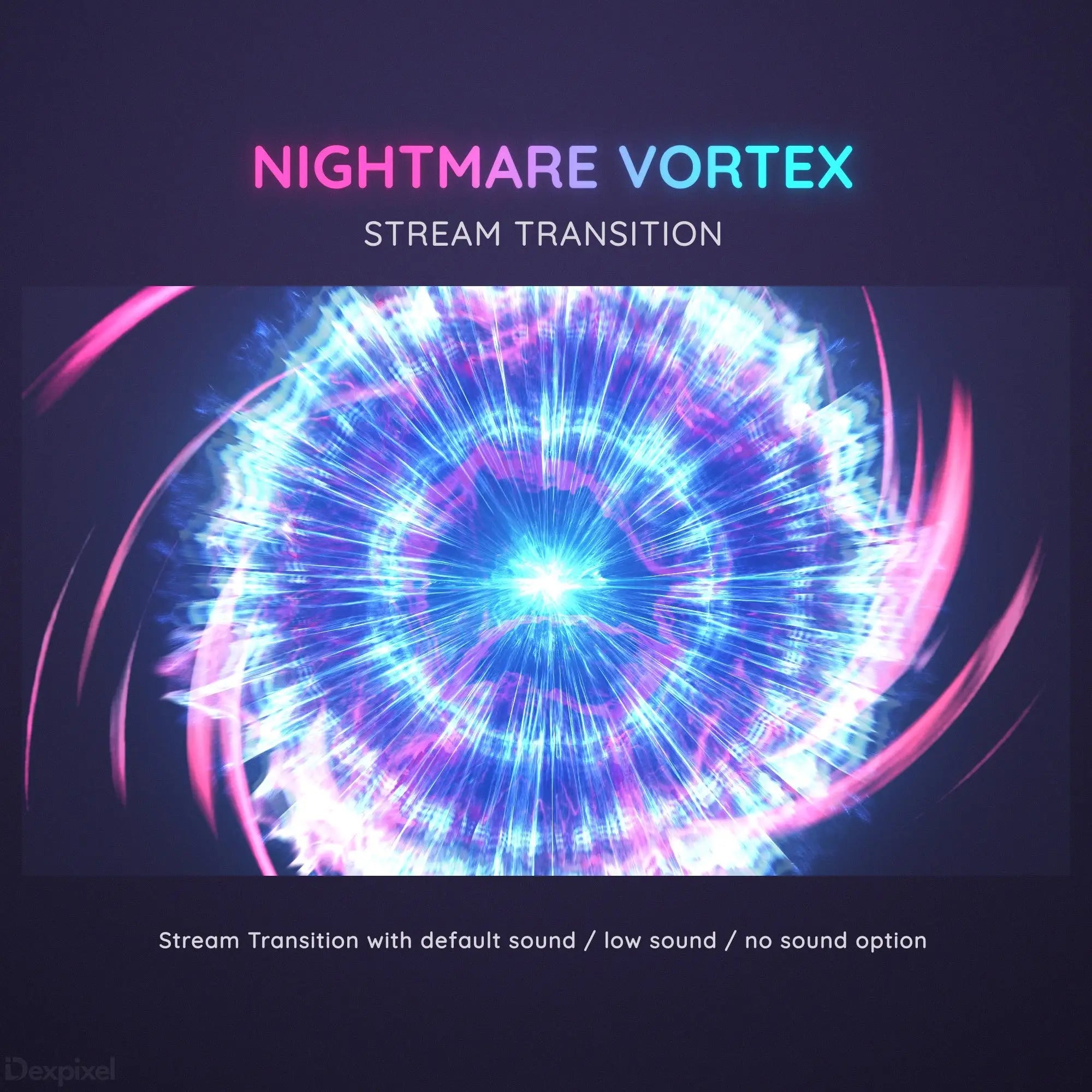 Swirling blue and pink vortex with radiating light beams forming a circular portal effect.