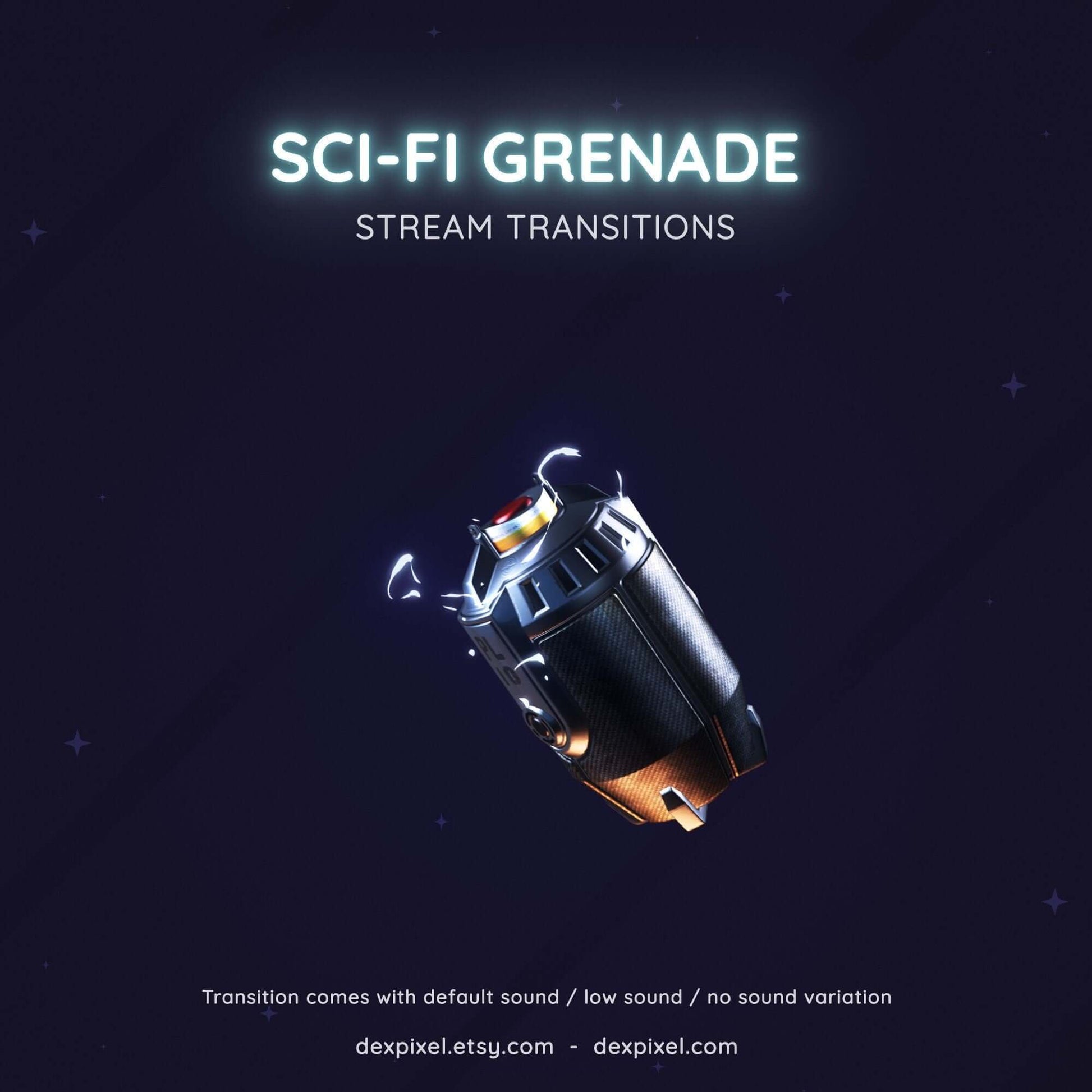 Sci-Fi Grenade Stream Transition for Twitch and YouTube with action-inspired design and customizable sound options.