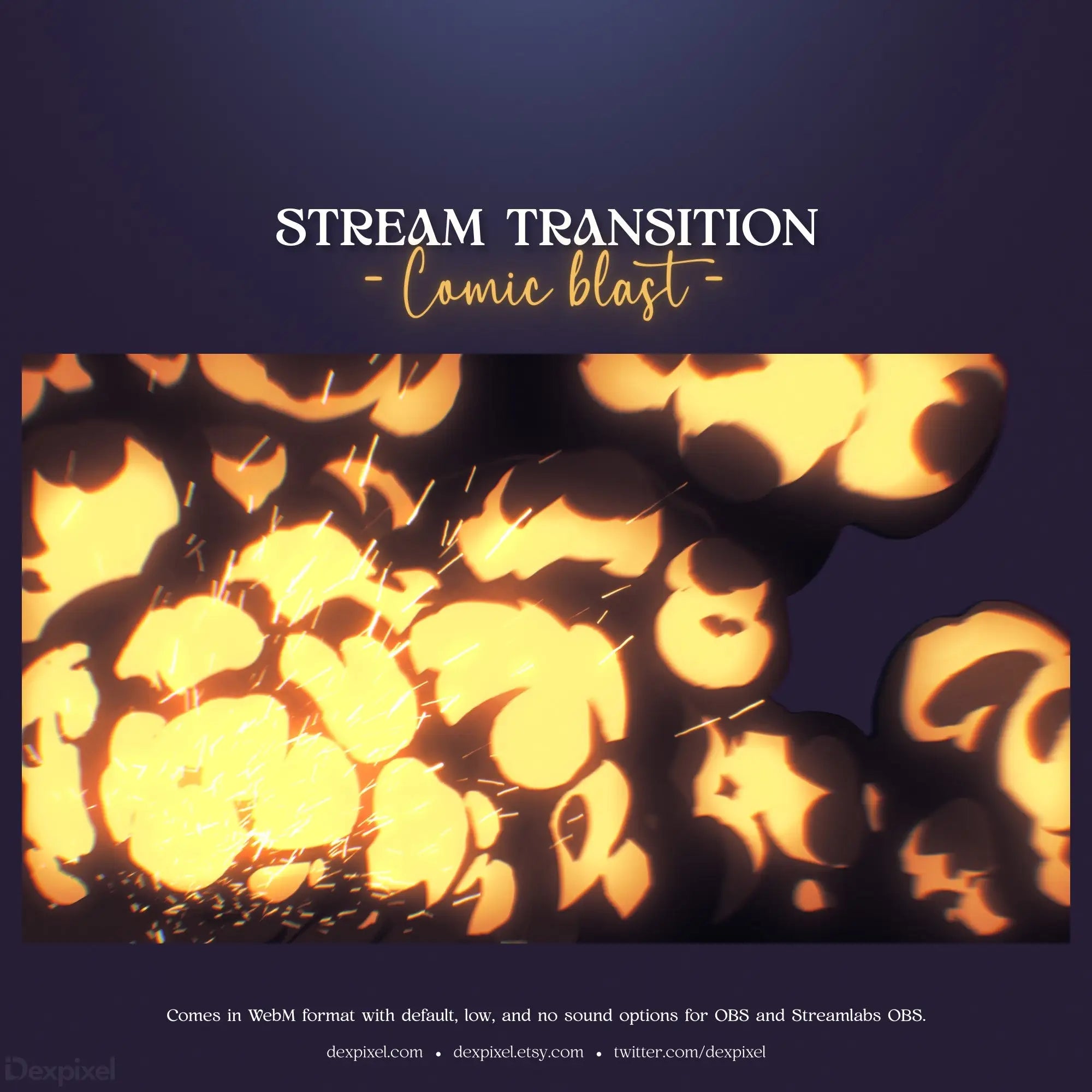 Stream transition overlay with glowing orange bokeh light effects.