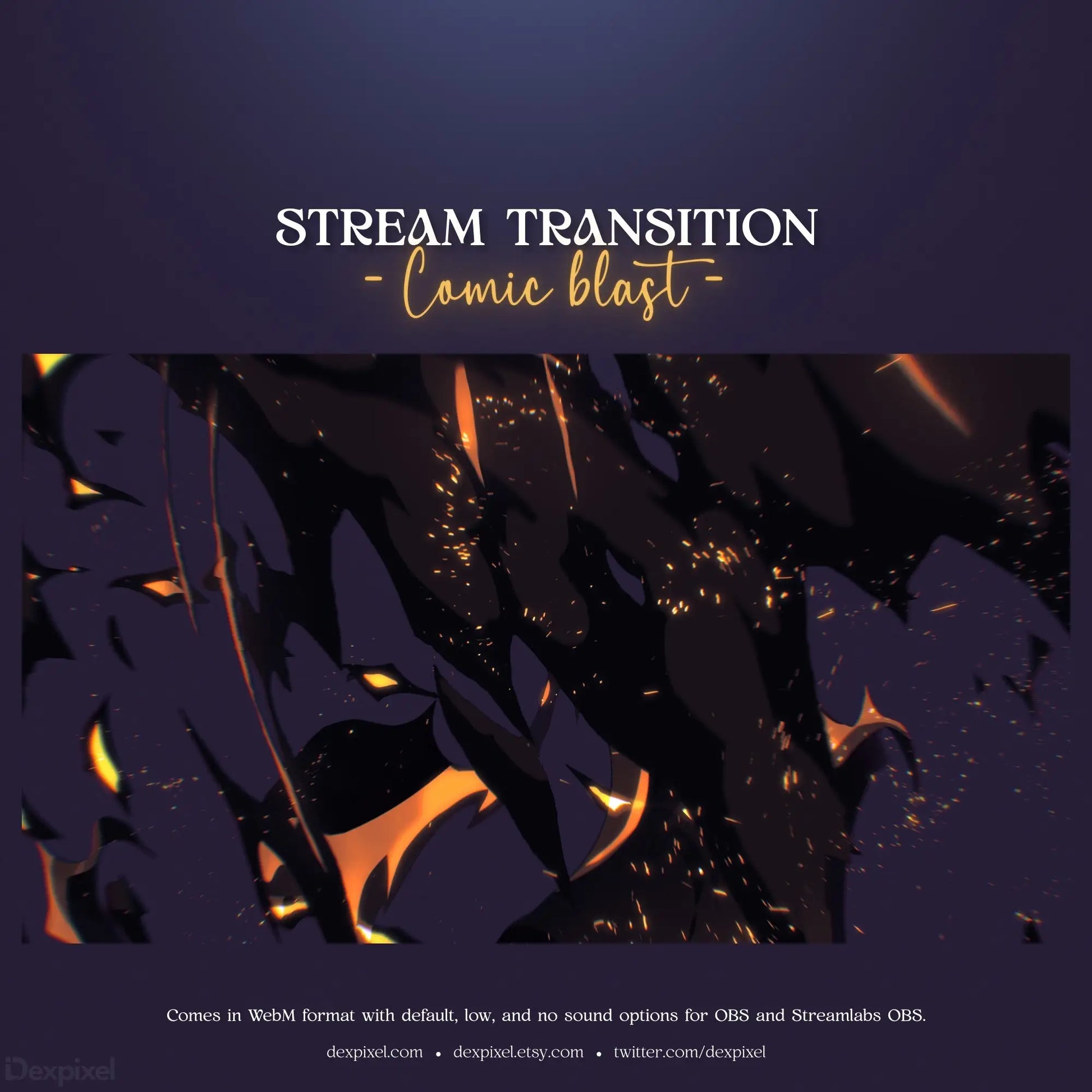 Stream transition overlay with dark fragments and orange glowing effects.