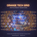 Glowing orange and blue geometric grid pattern with triangular segments and tech-style design elements.