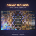 Glowing orange and blue geometric grid pattern with triangular shapes and metallic accents.