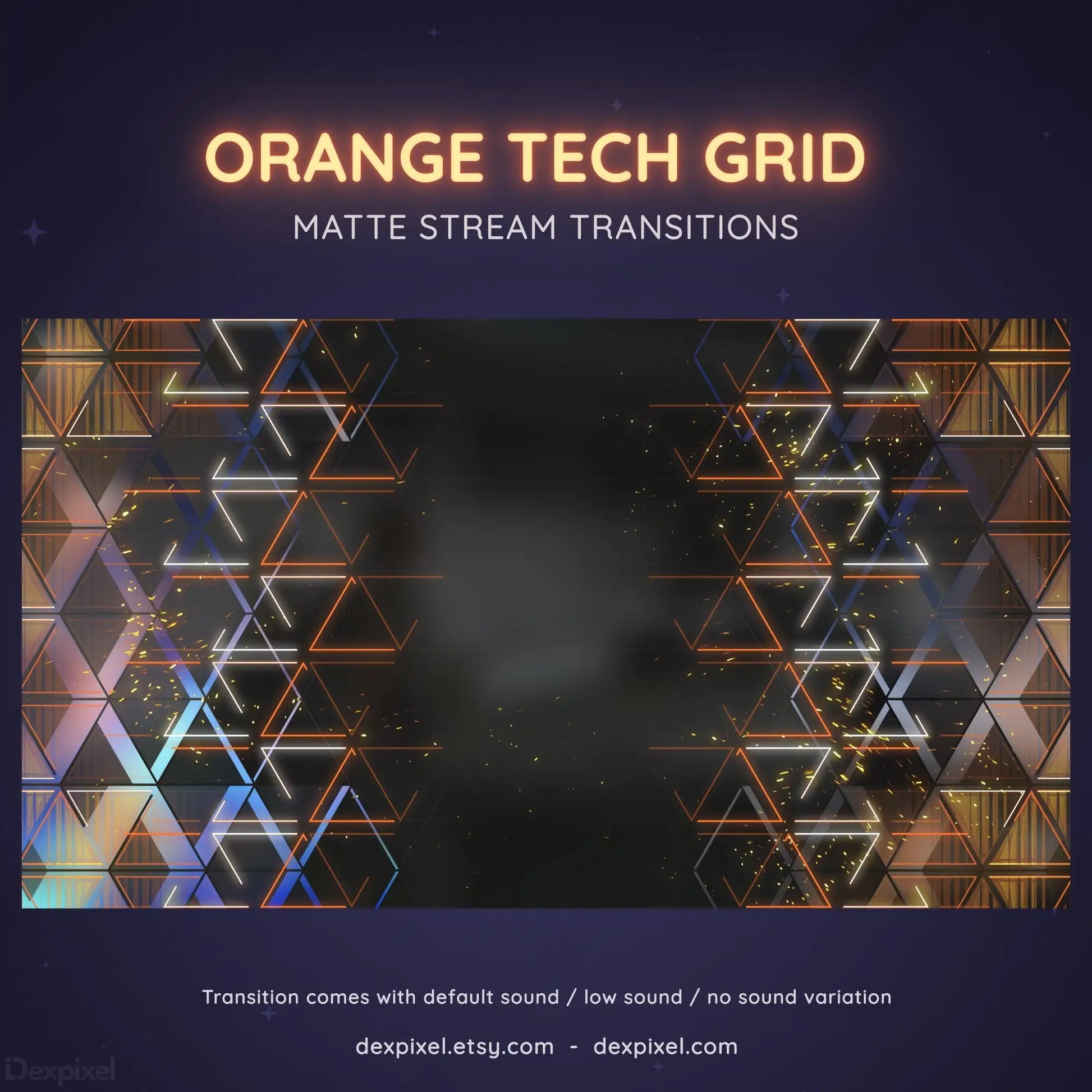 Digital transition overlay featuring geometric orange and blue grid patterns with holographic effects.