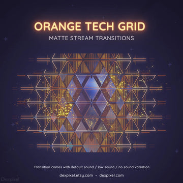 Glowing orange geometric grid pattern forming a triangular/hexagonal tech design with blue accents.