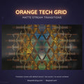 Glowing orange geometric grid pattern forming a hexagonal tech-inspired design.