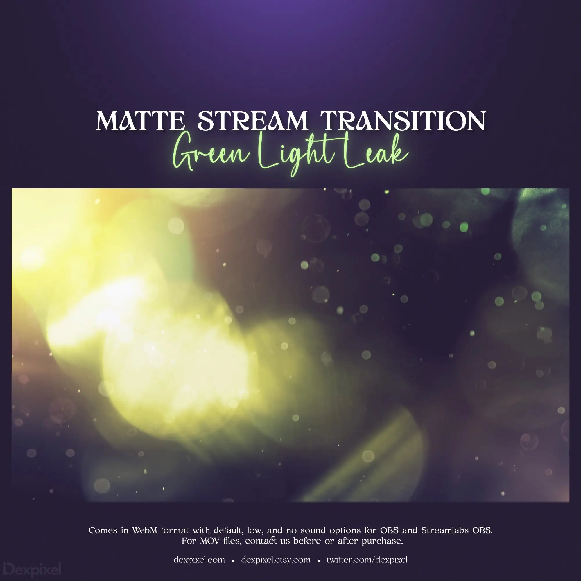 Matte stream transition effect featuring pastel green light and bokeh particles