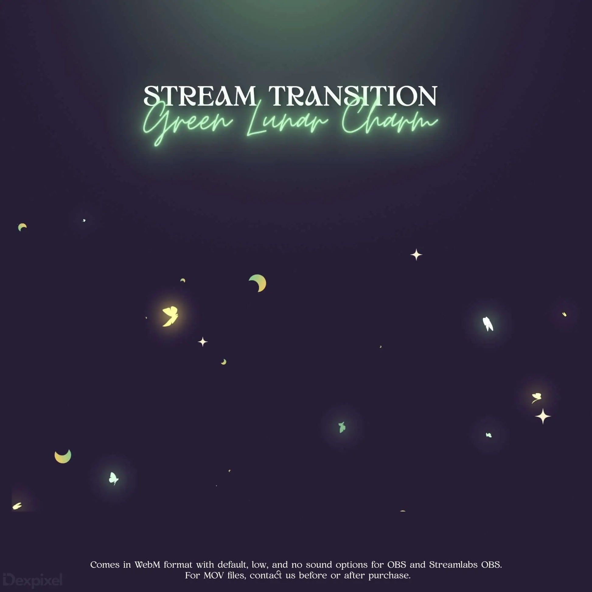 Neon green text reading ’STREAM TRANSITION’ with cursive text underneath against a dark backdrop with scattered stars and crescents.