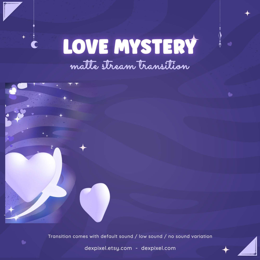 Purple Love Mystery animated stream transition featuring pastel hearts and a dreamy background for Twitch and YouTube streams.