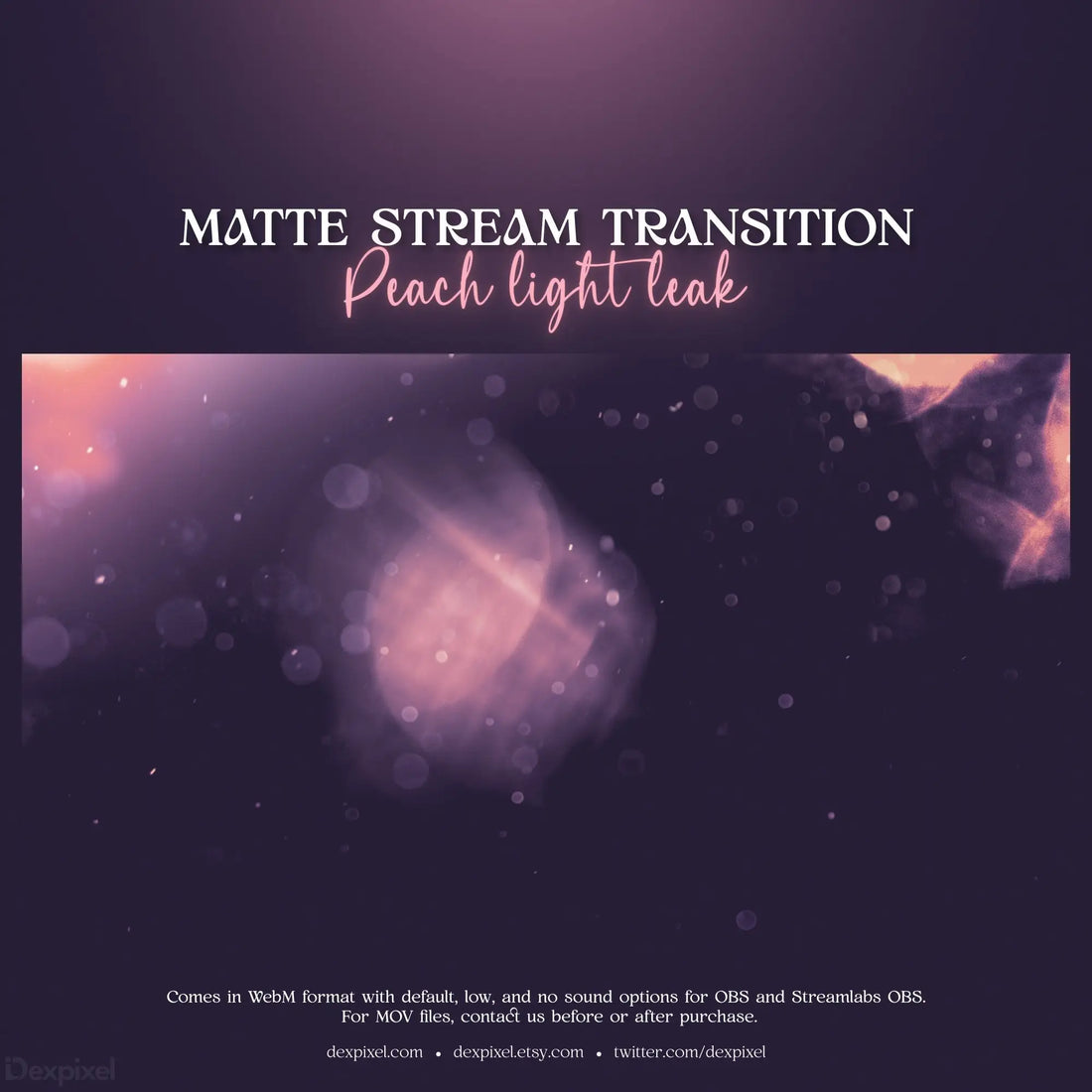 Matte stream transition effect showcasing pastel peach light leaks with pink and purple bokeh