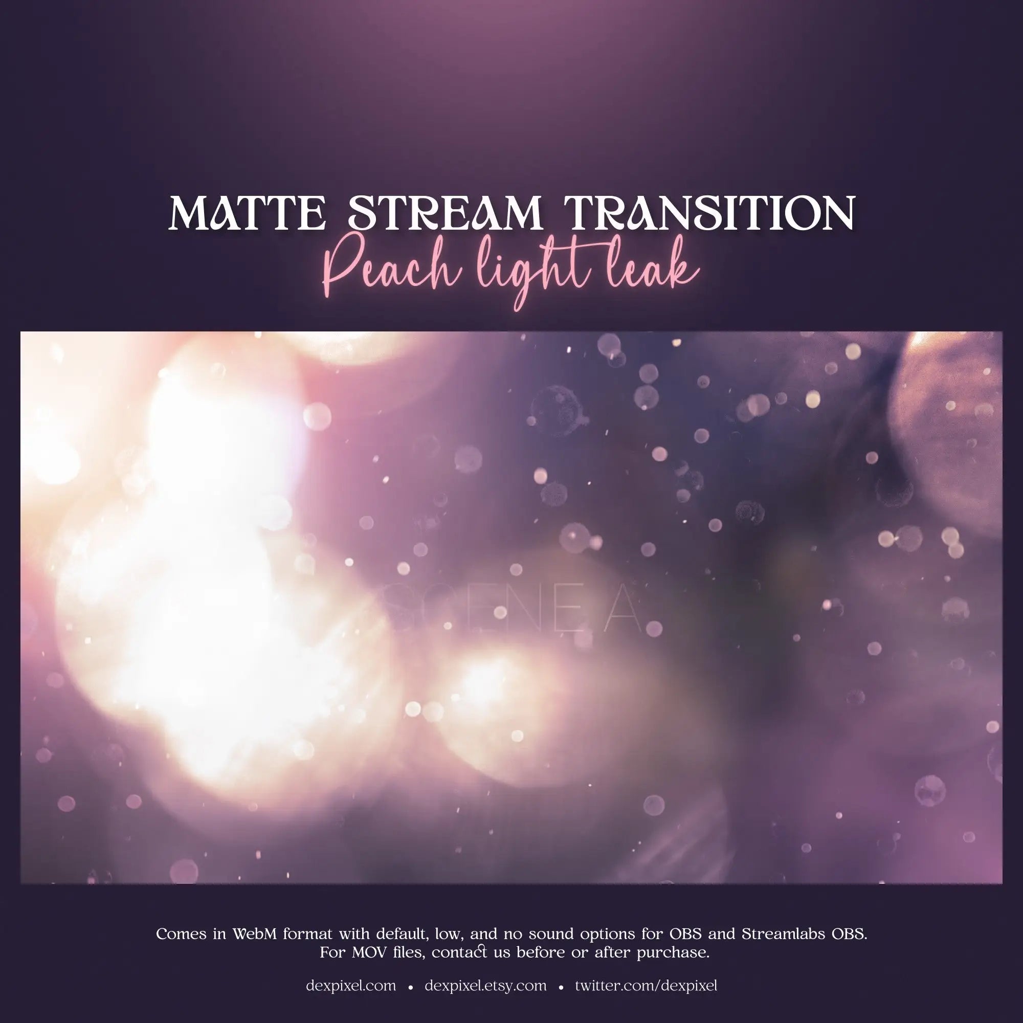 Matte stream transition effect showcasing pastel peach light leaks with pink and purple bokeh