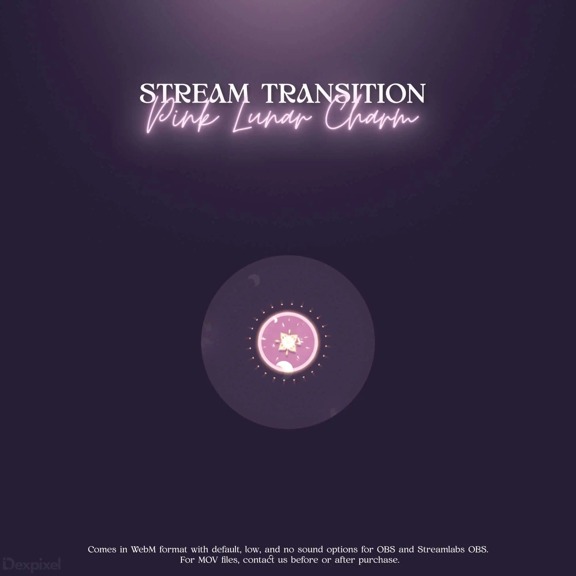 Pink Lunar Charm Stream Transition with glowing circular overlay and sparkle effects
