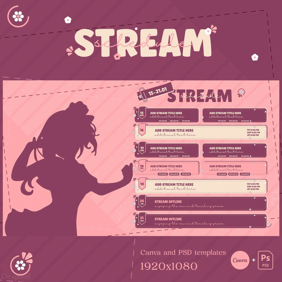 Pink-themed Twitch stream overlay panel template featuring an anime-style silhouette and schedule sections.