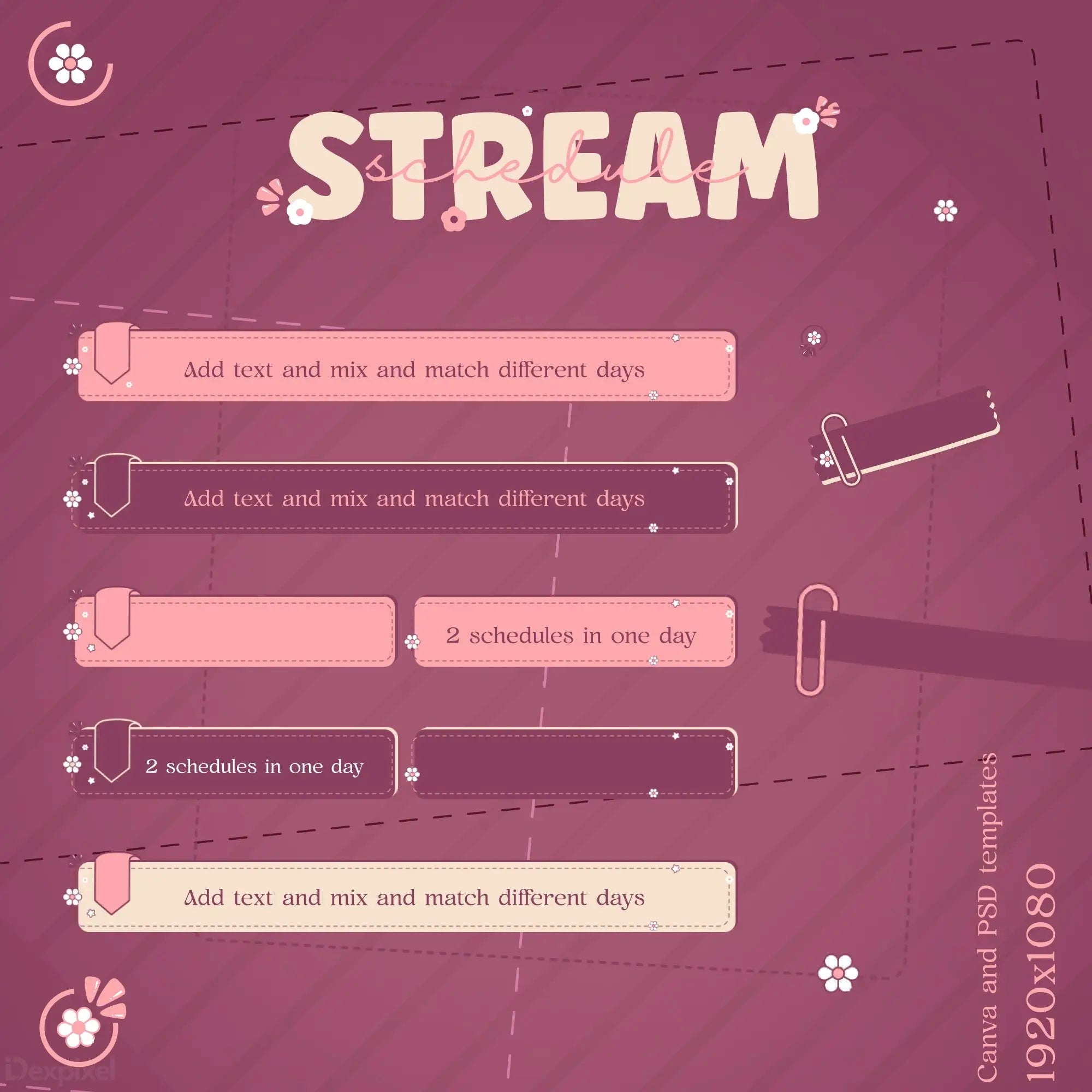 Pink streaming schedule template with text input fields and decorative elements.