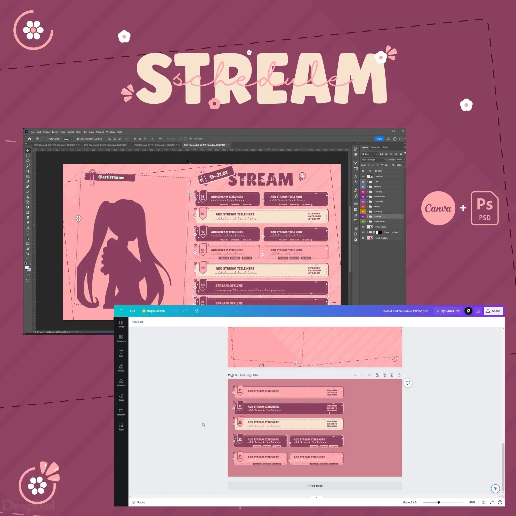 Pink-themed streaming overlay interface being designed in Photoshop.